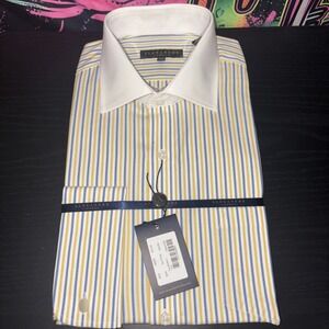Alexandre London‎ Men's Yellow White And Blue Striped Dress Shirt 15.5